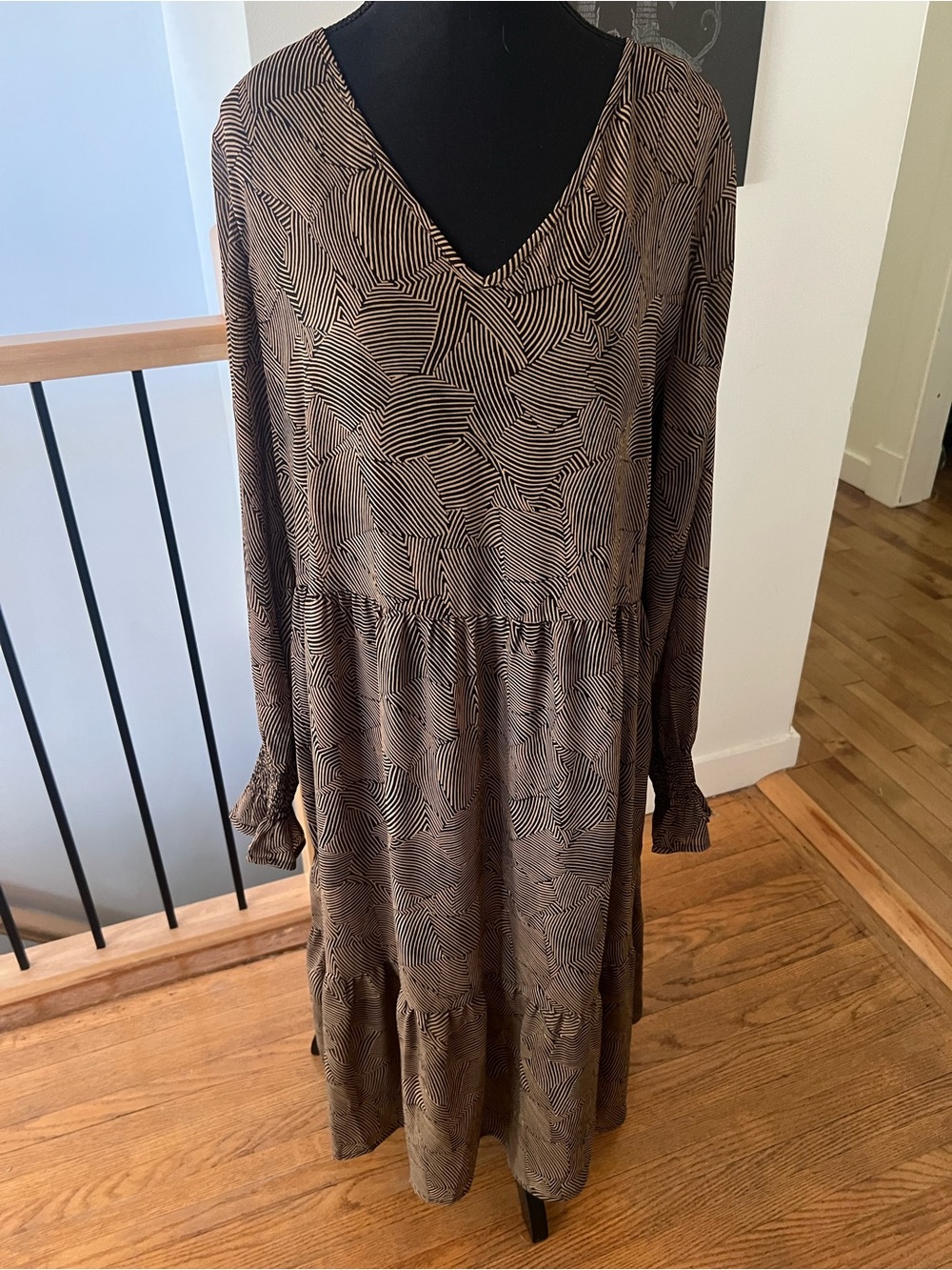 Flowy MSCH Copenhagen V-Neck Brown Patterned Tiered Maxi Dress